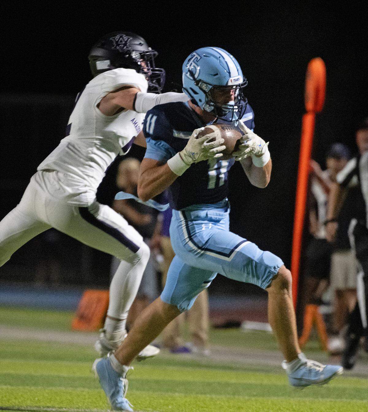 Downey’s Ethan Woodmansee makes a touchdown catch during the non-league game with Amador Valley at Downey High School in Modesto, Calif., Friday, Sept. 13, 2024.