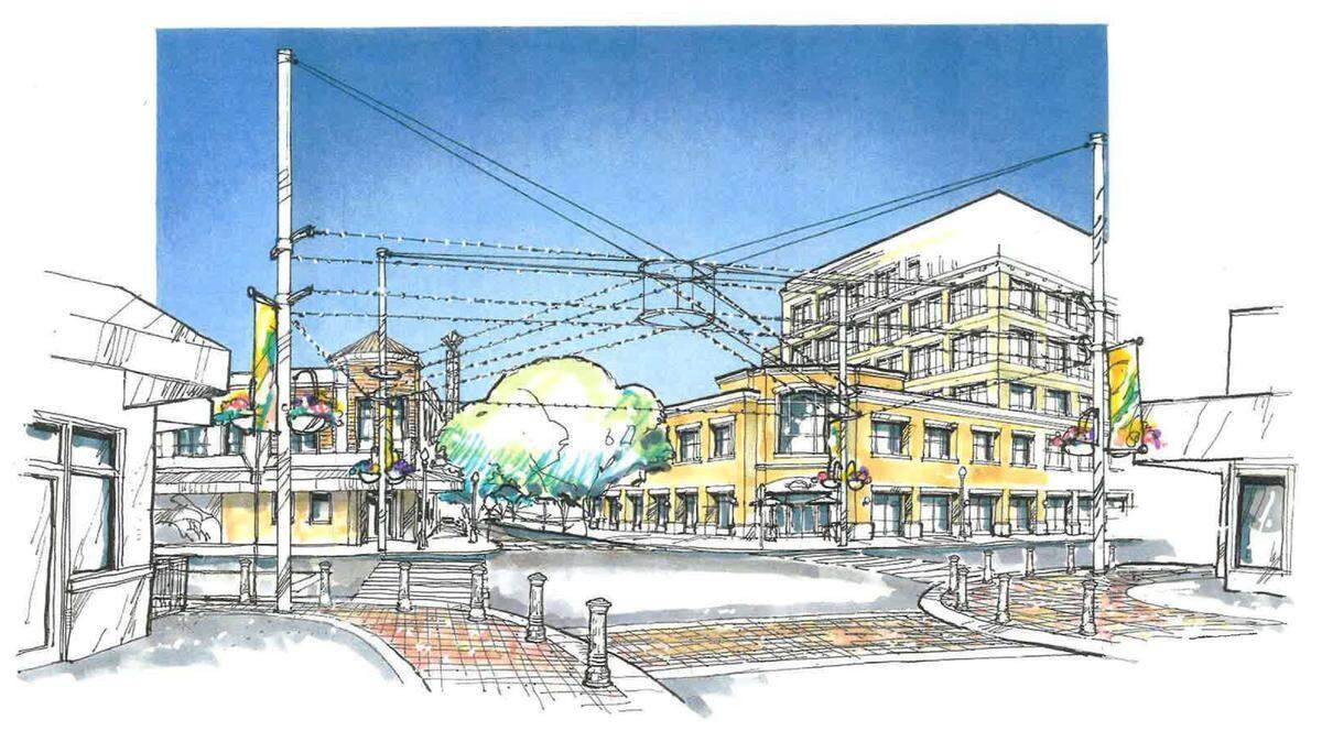 This is a rendering of a proposed pilot project at 10th and J streets to improve lighting in downtown Modesto. The idea is a brighter intersection improves traffic safety, including for pedestrians, and makes people feel safer to be downtown at night.