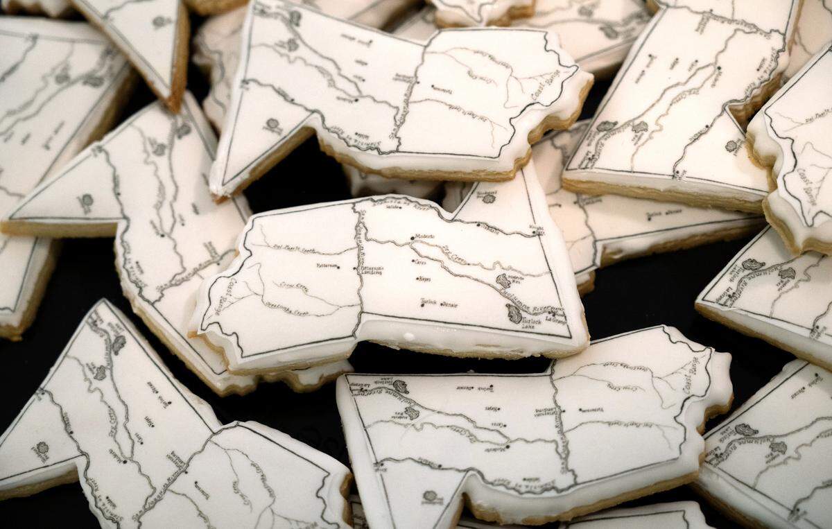Stanislaus County-shaped sugar cookies made by Elisa Barajas were served at a book launch for “StaniStory: Change and Continuity in Stanislaus County,” by Keith Highiet and David Seymour, at Bookish bookstore in Modesto, Calif., Wednesday, Oct. 2, 2024.