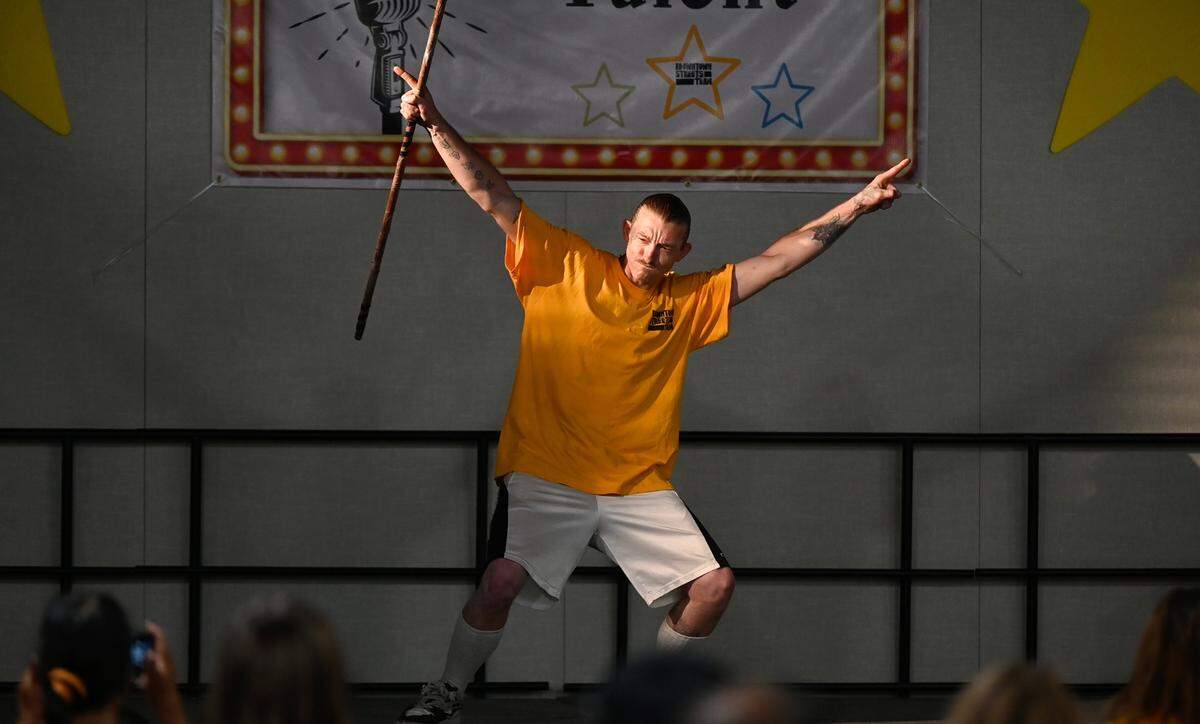 Chris Thomason performs a martial arts routine during the Downtown Streets Team talent show at the Martin G. Petersen Events Center in downtown Modesto, Calif., Friday, May 31, 2024.