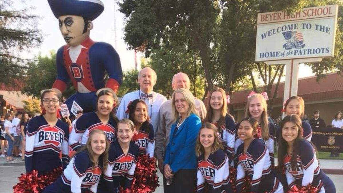 New Modesto City Schools Superintendent Sara Noguchi celebrates the first day of the school year with students and staff at Beyer High School