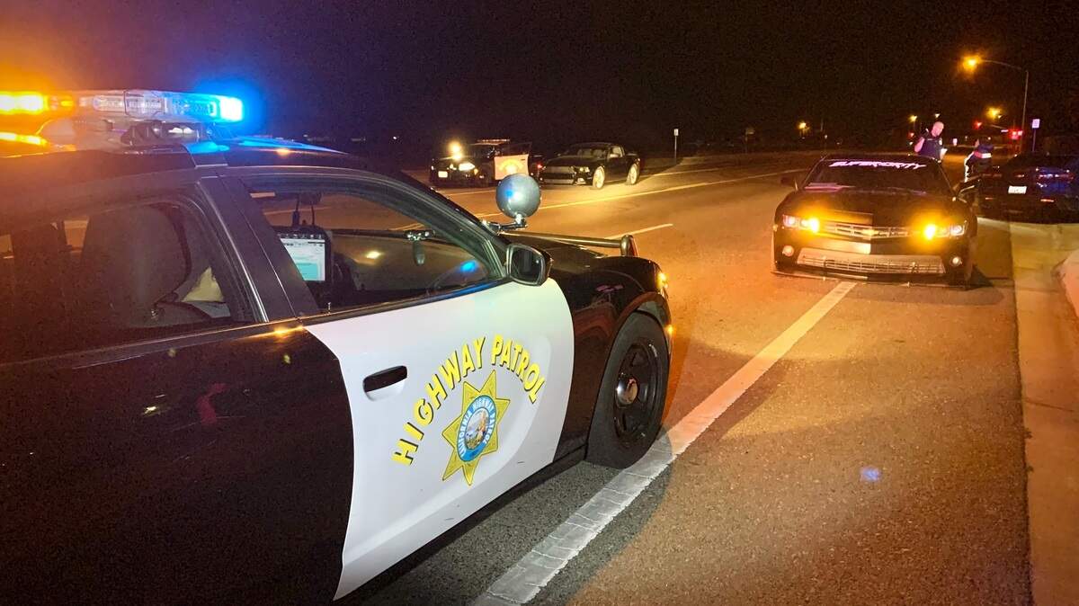 The Modesto-area CHP pulls over a vehicle at an illegal sideshow in June 2021.