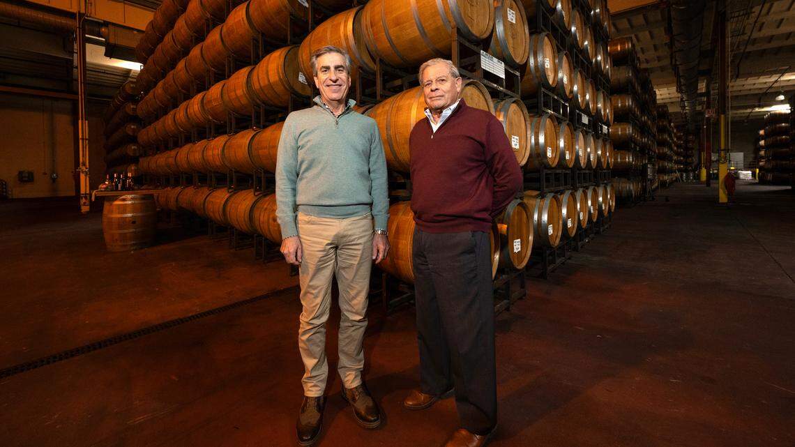 Bronco Wine Co. president and chief executive officer Dan Leonard, right, and board chairman Michael Franzia at Bronco Wine near Ceres, Calif., Tuesday, Jan. 23, 2024.