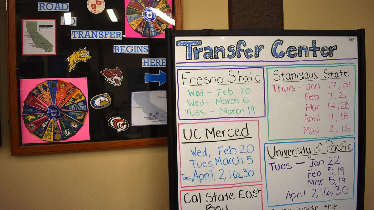 A whiteboard outside the Transfer Center in the Modesto Junior College East Campus Student Center shows when students can make appointments to meet with universities’ academic advisers who visit the campus.