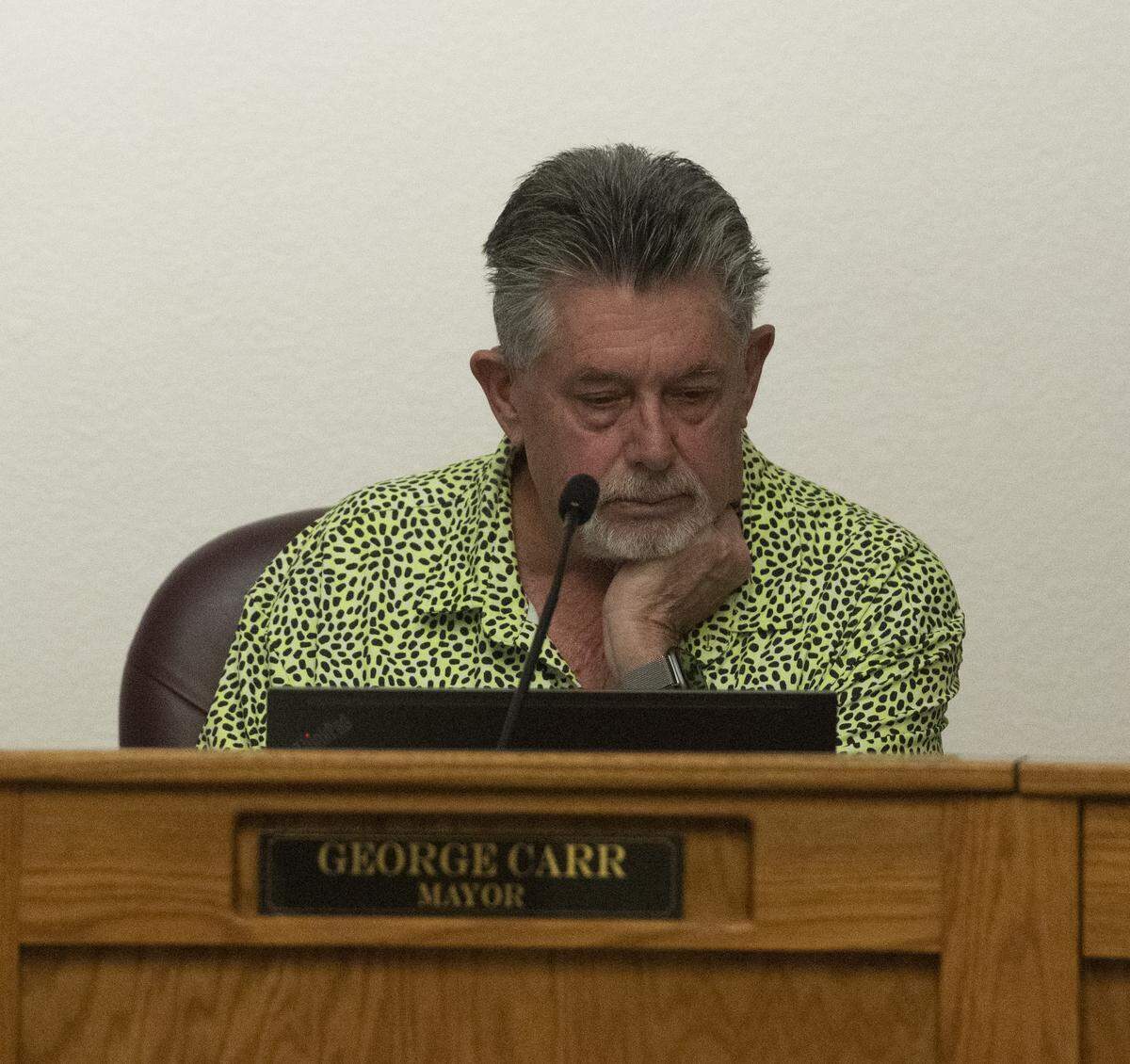 Hughson Mayor George Carr listens during discussion of agenda items related to his censure and removal from committee assignments at a Hughson City Council meeting Tuesday, May 26, 2026.