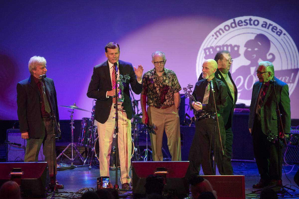 This yearÕs lifetime achievement winners, classic DJs from radio station KFIV during the Modesto Area Music Awards at The State Theatre in Modesto, Calif., Tuesday, Oct. 15, 2019. The DJ’s played rock ÕnÕ roll from the 1950s through the 1970s.