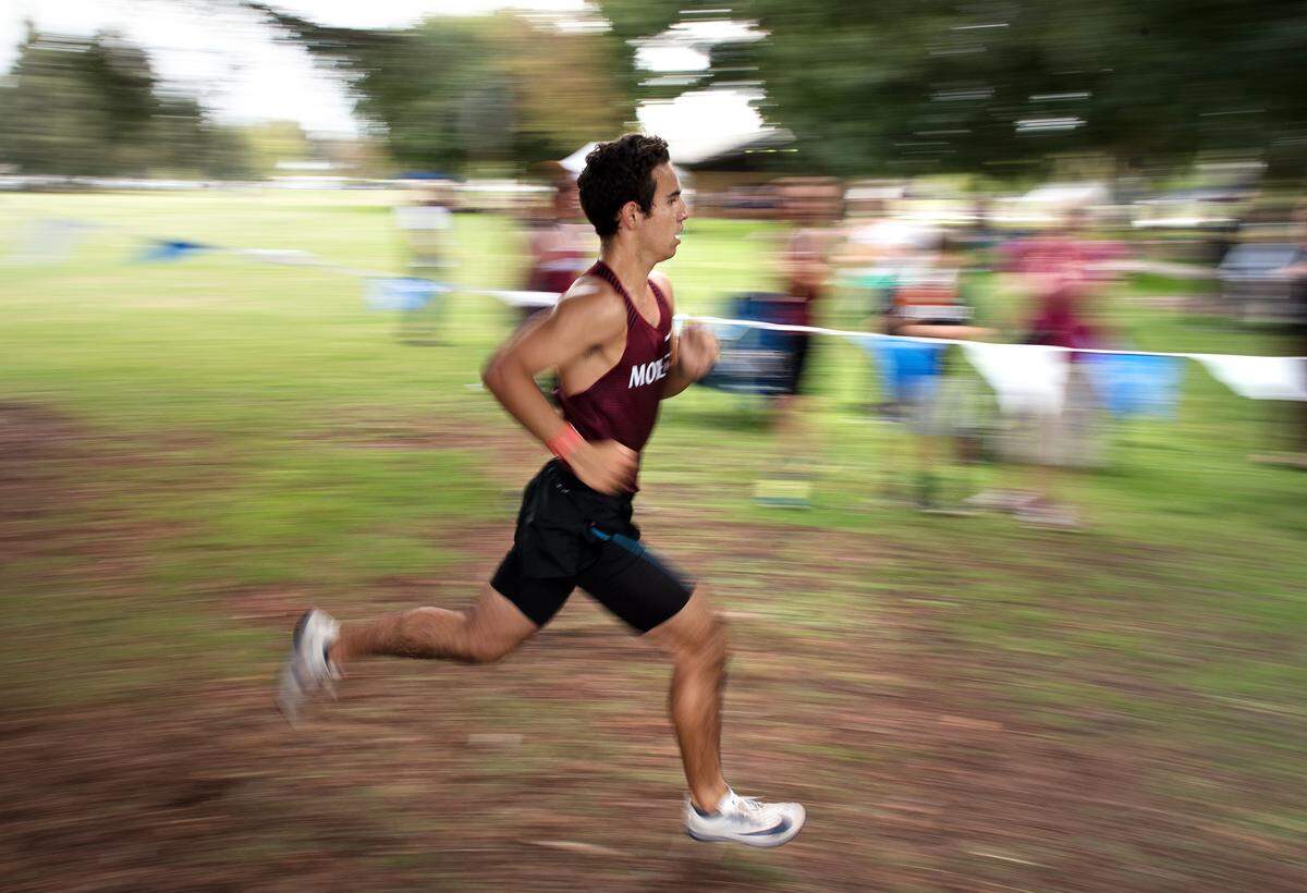 Modesto’s Fernando Alan Guerrero sprints to a victory in the varsity race during the CCAL meet at Donnelly Park in Turlock, Calif., on Wednesday, Oct. 3, 2018. Guerrero finished first with a time of 15:46.