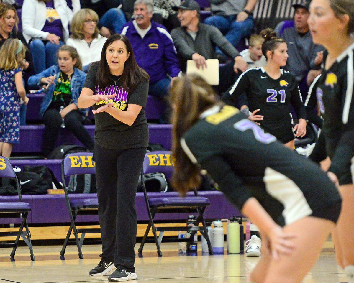 Escalon’s Head Coach Teresa Williamson encourages her team during a CIF San-Joaquin Division III Girls Volleyball Playoffs game between Escalon High School and Ponderosa High School at Escalon High School in Escalon CA on November 1, 2022. Escalon won the match 3-2.
