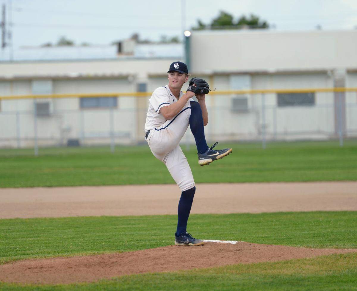 Central Catholic pitcher TP Wentworth delivers a pitch during a Valley Oak League matchup with Manteca at Manteca High School on Friday, April 26, 2024.