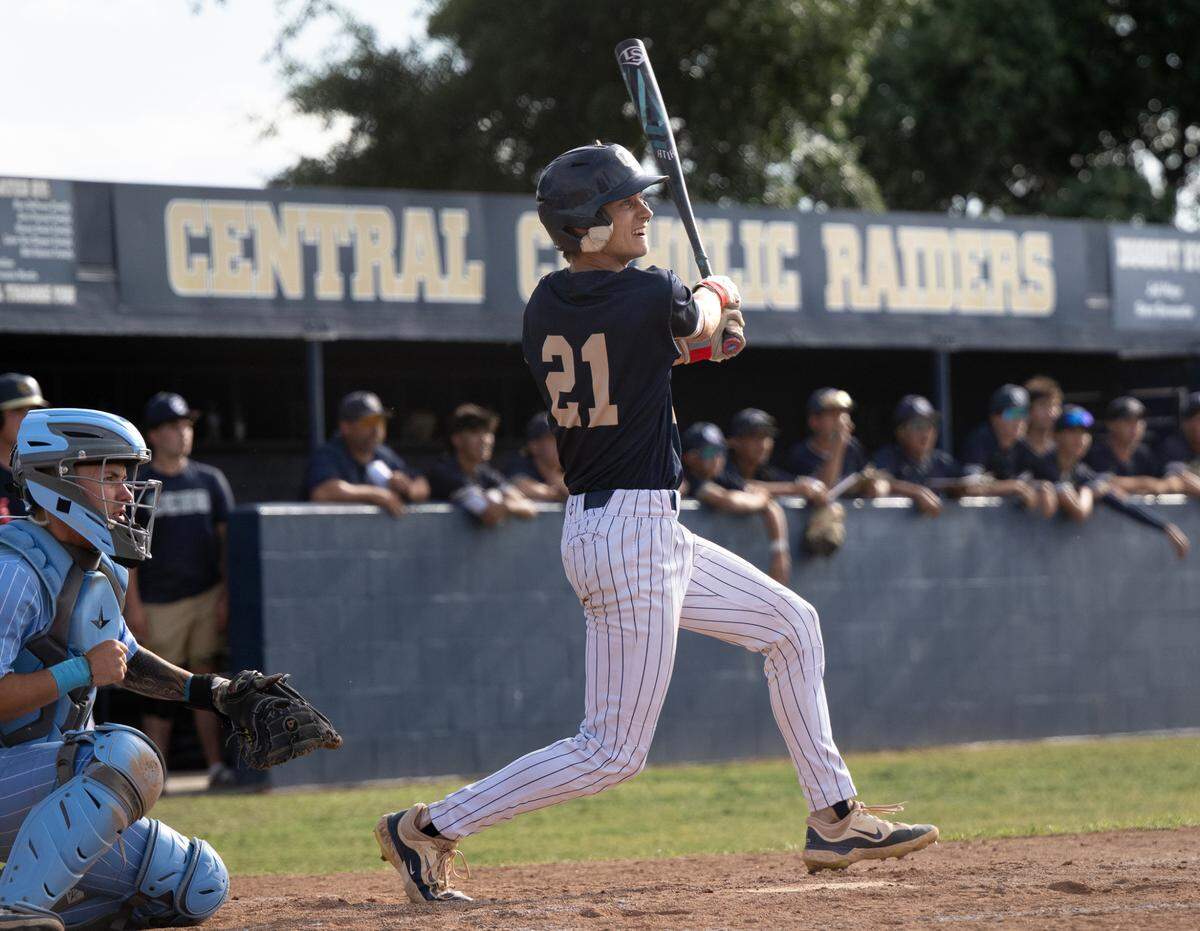 Jacob Kiesel drives a two-run double during the DIII Sac-Joaquin Section semifinal playoff game with Oakmont at Central Catholic High School in Modesto, Wednesday, May 14, 2025.