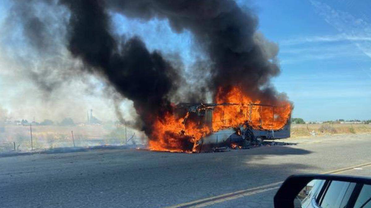 Two adults and three children escaped a fire that destroyed the motorhome they were living in on W Glenwood Avenue near Turlock. Three dogs died in the fire.