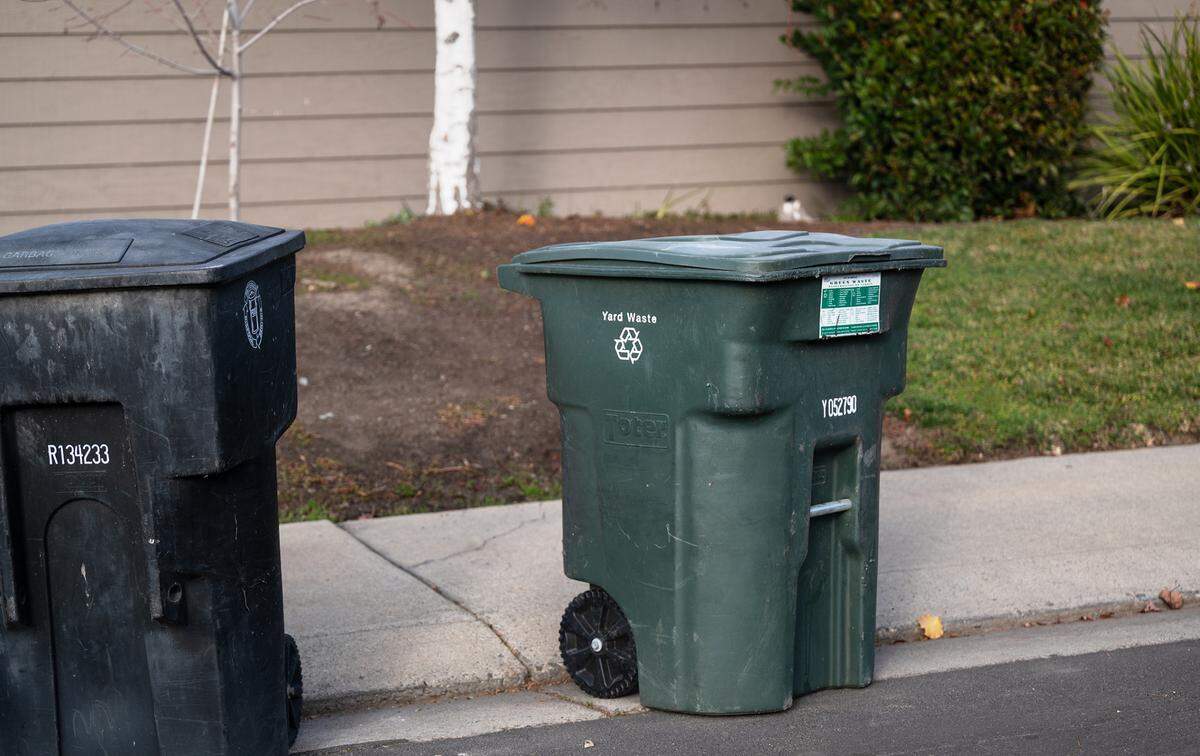 Green waste can in Modesto, Calif., Thursday, Dec. 22, 2022.