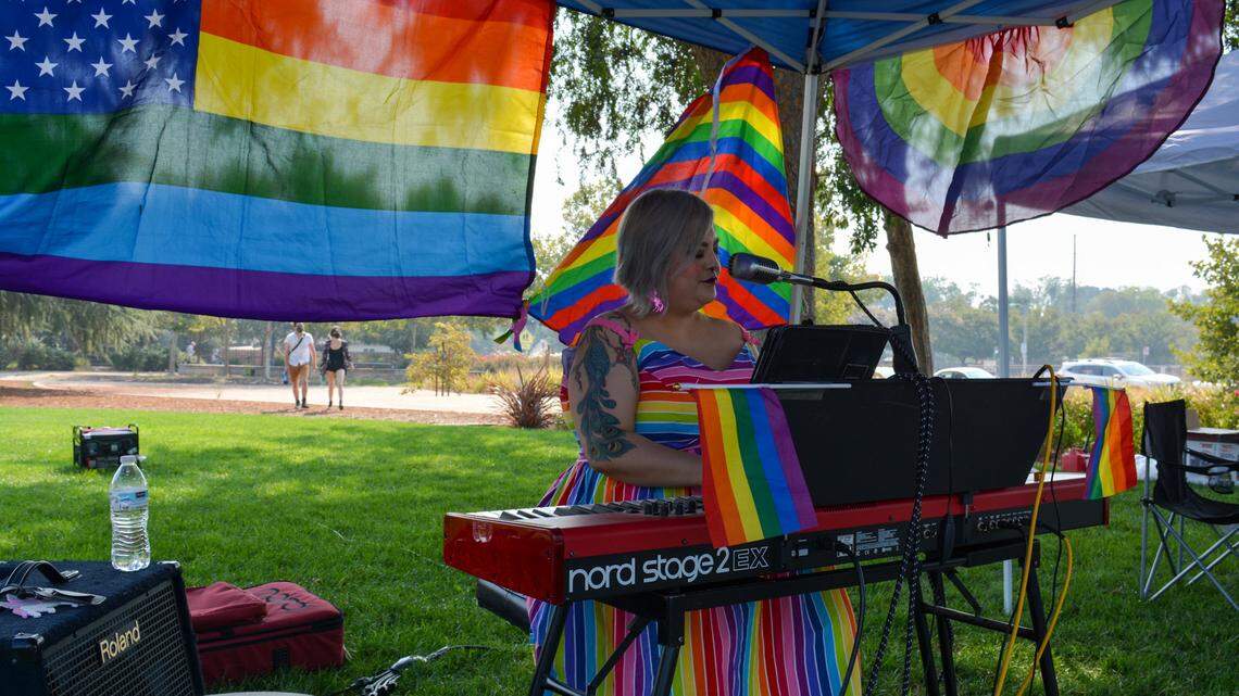 Pianist Melynda Rodriguez plays Aug. 28, 2021, at Modesto Stands Against Hate in Roosevelt Park. The event was a counter response to ‘straight pride’ later that day.