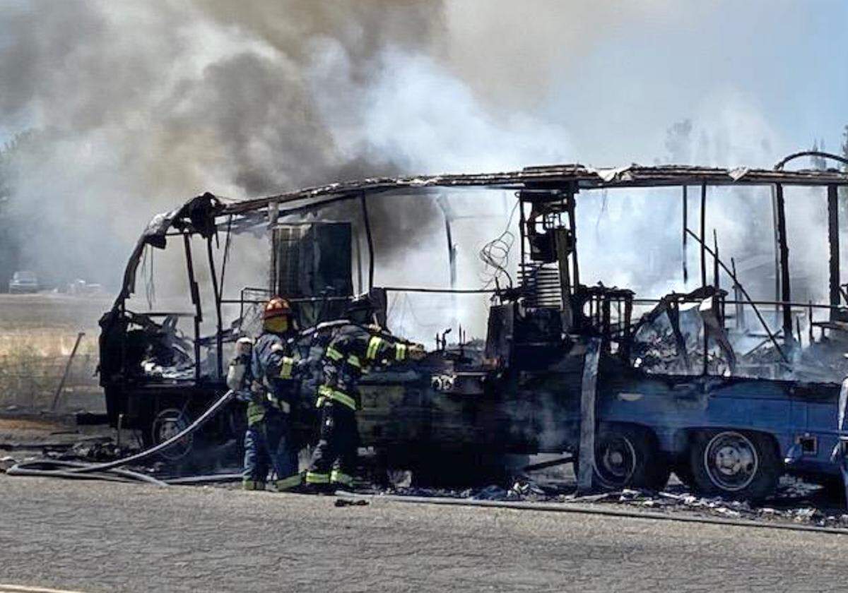 Two adults and three children escaped a fire that destroyed the motorhome they were living in on West Glenwood Avenue near Turlock. Three dogs died in the fire.