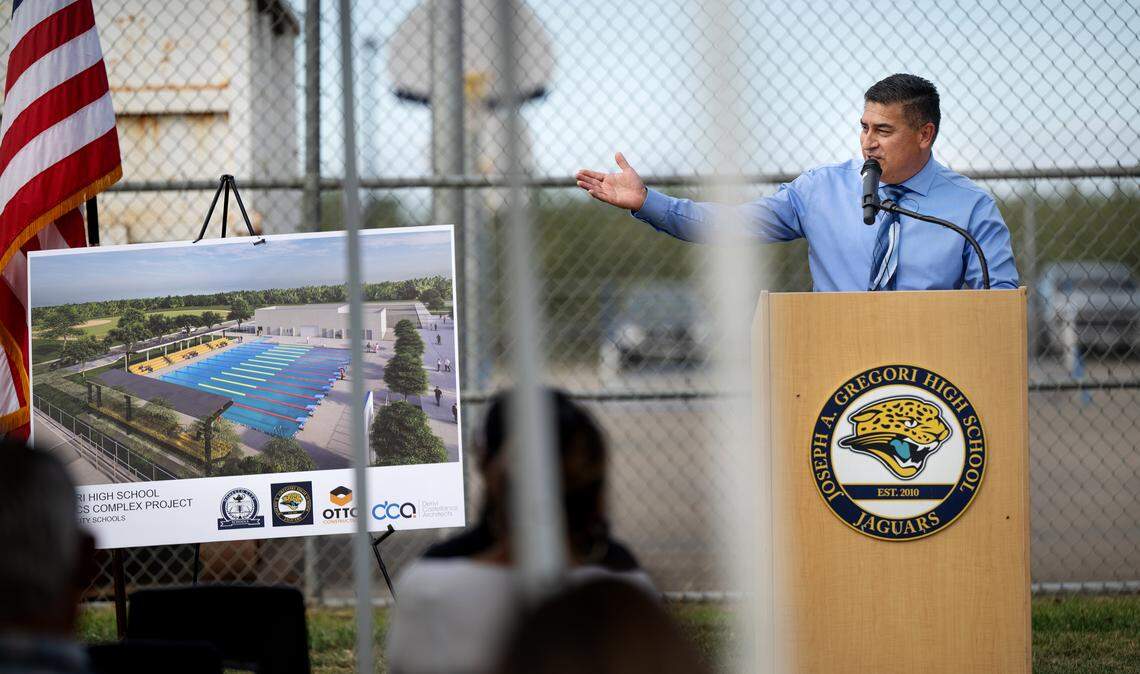 Gregori High School principal Phillip Jaramillo speaks during the ground breaking ceremony for the aquatic complex at Gregori High School in Salida, Wednesday, Oct. 1 2025. 