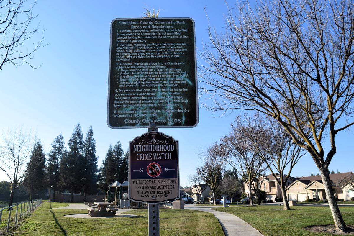 Neighborhood Watch signs installed at Sterling Ranch Park in Denair following incidents of vandalism and reports of increased gang activity, as seen on Jan. 14, 2026.