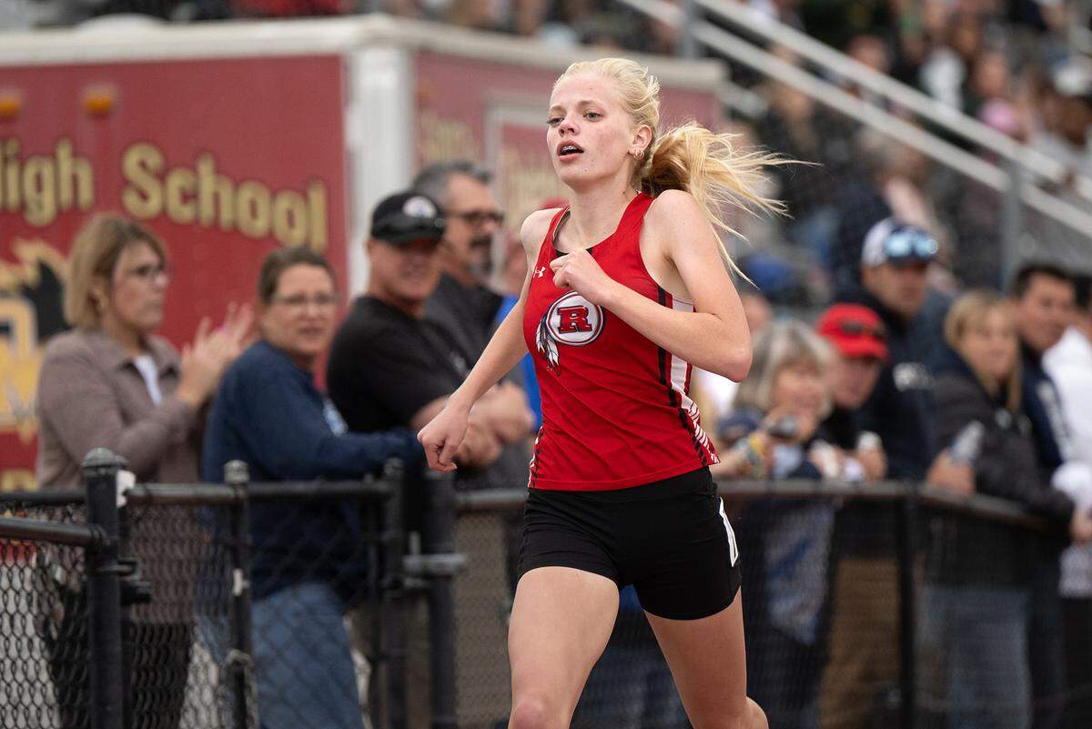 Clara Schoolland of Ripon won the 400 meter race with a time of 59.28 during the County Clash track meet at Oakdale High School in Oakdale, Calif., Friday, March 22, 2024.