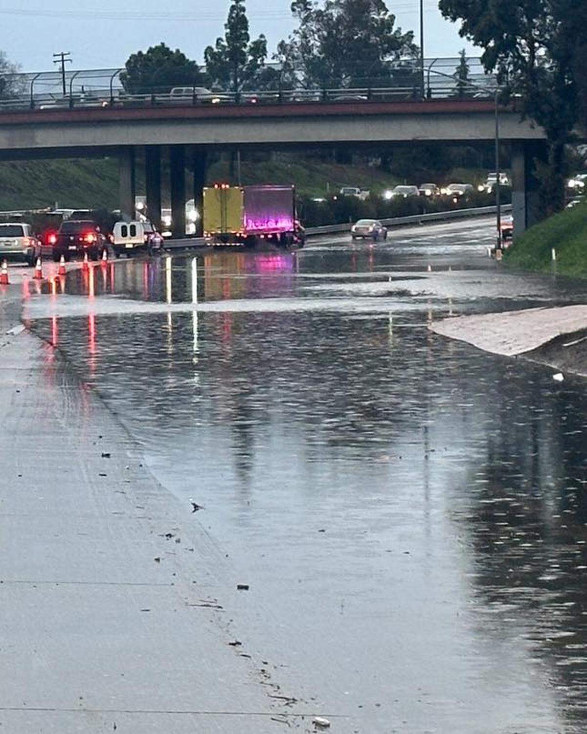 The California Highway Patrol closed two lanes on Highway 99 near Tuolumne Boulevard due to flooding. CHP indicated two vehicles became stuck in the pools on Monday Jan. 22, 2024.