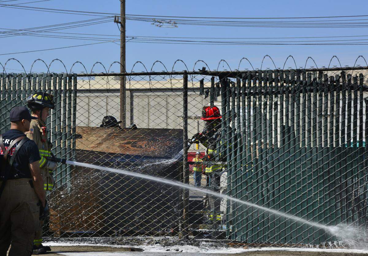 An explosion in a construction area around the Gallo Glass Company in south Modesto sparked a fire along the plant’s fence line Saturday, Sept, 29, 2018.