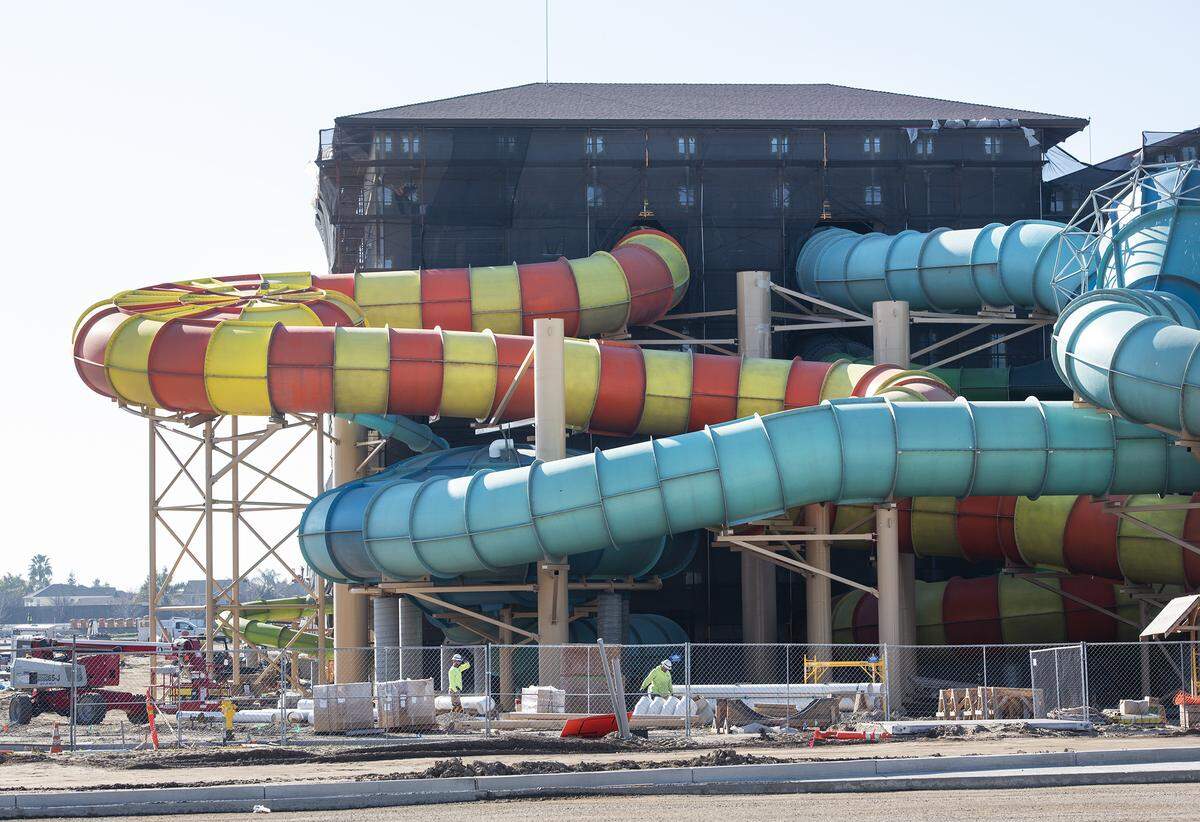 Great Wolf Lodge in Manteca, Calif., on Thursday, Feb. 6, 2020. The imposing new water park resort being built just off Highway 120 has finished erecting its exterior shell, and work on cladding the facades has begun. When finished the resort will include a six-story 500-room hotel, 45,000-square-foot family entertainment center and 95,000-square-foot indoor water park.
