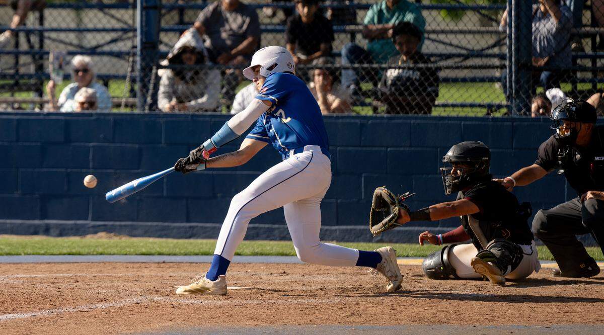 Turlock’s Landyn Fitzgerald connects for a base hit during he Sac-Joaquin section Division I playoff game with Edison in Turlock on Wednesday, May 6, 2026. 