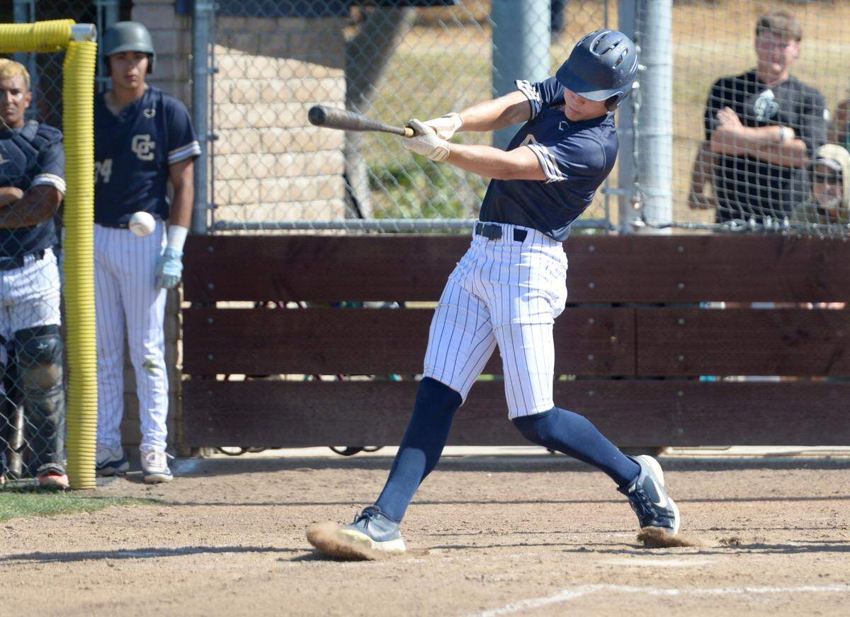 Central Catholic’s TP Wentworth hits a ground ball against Oakmont High in the CIF Northern California Division III Regional Championship in Roseville, Calif. on Saturday, June 1, 2024.