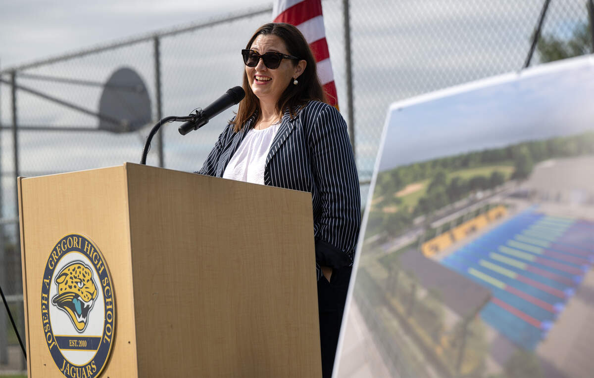 Modesto City Schools Superintendent Vanessa Buitrago speaks during a ground breaking ceremony for the new aquatic complex at Gregori High School in Salida, Wednesday, Oct. 1 2025. 