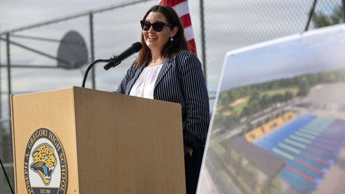 Modesto City Schools Superintendent Vanessa Buitrago speaks during a groundbreaking ceremony for the new aquatic complex at Gregori High School in Salida on Oct. 1.