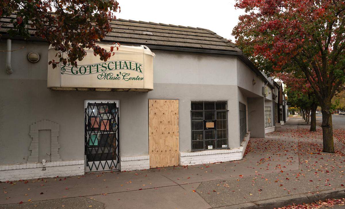 Gottschalk Music Center is closed after it was damaged by a fire that broke out in an empty unit next to the business in Modesto, Wednesday, Nov. 20, 2024.
