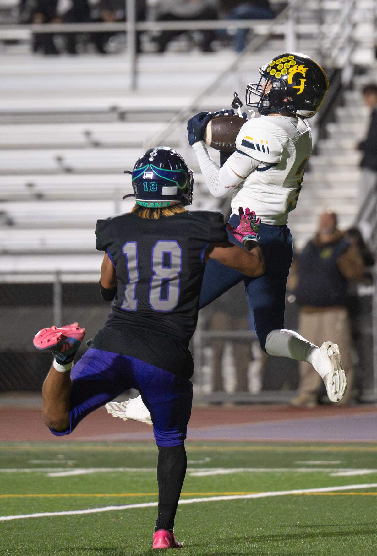 Gregori’s Francisco Huerta makes a touchdown catch during the Sac-Joaquin Section Championship Bowl game with Johansen at Johansen High School in Modesto on  Friday, Nov. 7, 2025. Johansen won the game 27-21 in overtime.