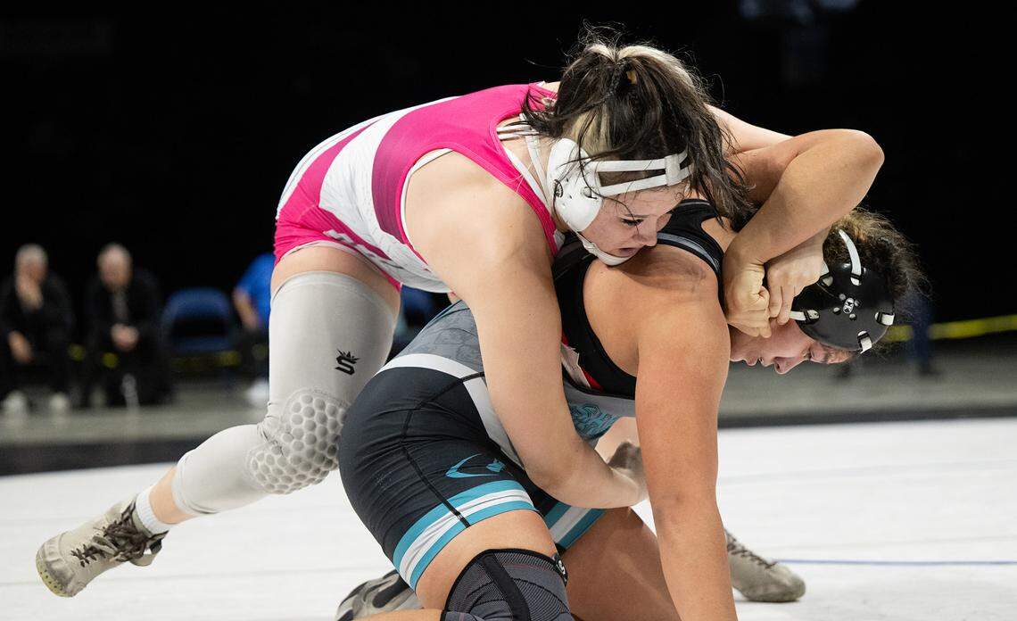 Gregori’s Mikayla Lancaster wraps up Chrystina Ballejos of Sheldon in the 170-pound title match during the Sac-Joaquin Section Masters Wrestling Championships at Stockton Arena in Stockton, Calif., Saturday, Feb. 17, 2024. Lancaster pinned Ballejos at 5:07 for the victory.