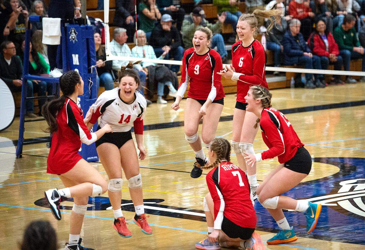Ripon players celebrates their 3-1 Sac-Joaquin Section Division 4 Section final victory over Sonora at Modesto Junior College in Modesto, Calif., Saturday, Nov. 5, 2022. Ripon won the title 3-1.