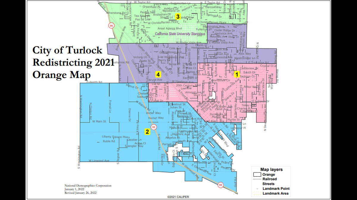 The orange map is one of the proposed redistricting maps for Turlock as of the third public hearing on Jan. 25. 2022.