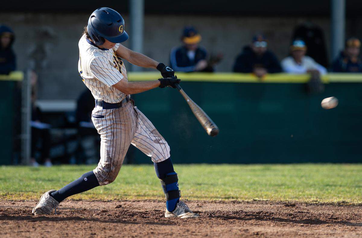 Gregori’s Dominic Joseph hits an RBI single during the non-league game with Central Catholic at Gregori High School in Salida, Calif., Wednesday, March 15, 2023. Gregori won the game 11-1.