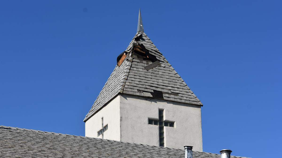 The steeple of Christian Love Baptist Church at H and Second streets in Modesto was damaged by a lightning strike Saturday, Sept. 9, 2023.