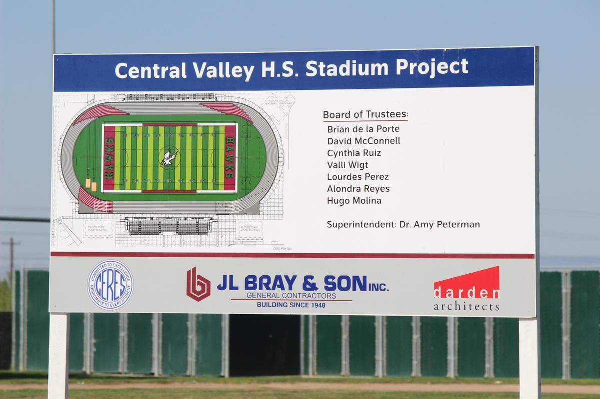 A sign gives a visual representation of what the Central Valley High School stadium could look like when it’s completed.