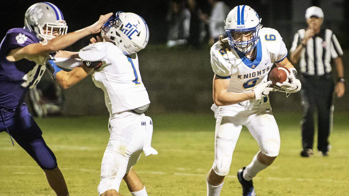 Ripon Christian’s Sean McGovern runs the ball during the Southern League game with Denair at Ripon Christian High School in Ripon, Calif., Friday, Sept. 27, 2019. Ripon Christian won the game 28-7.