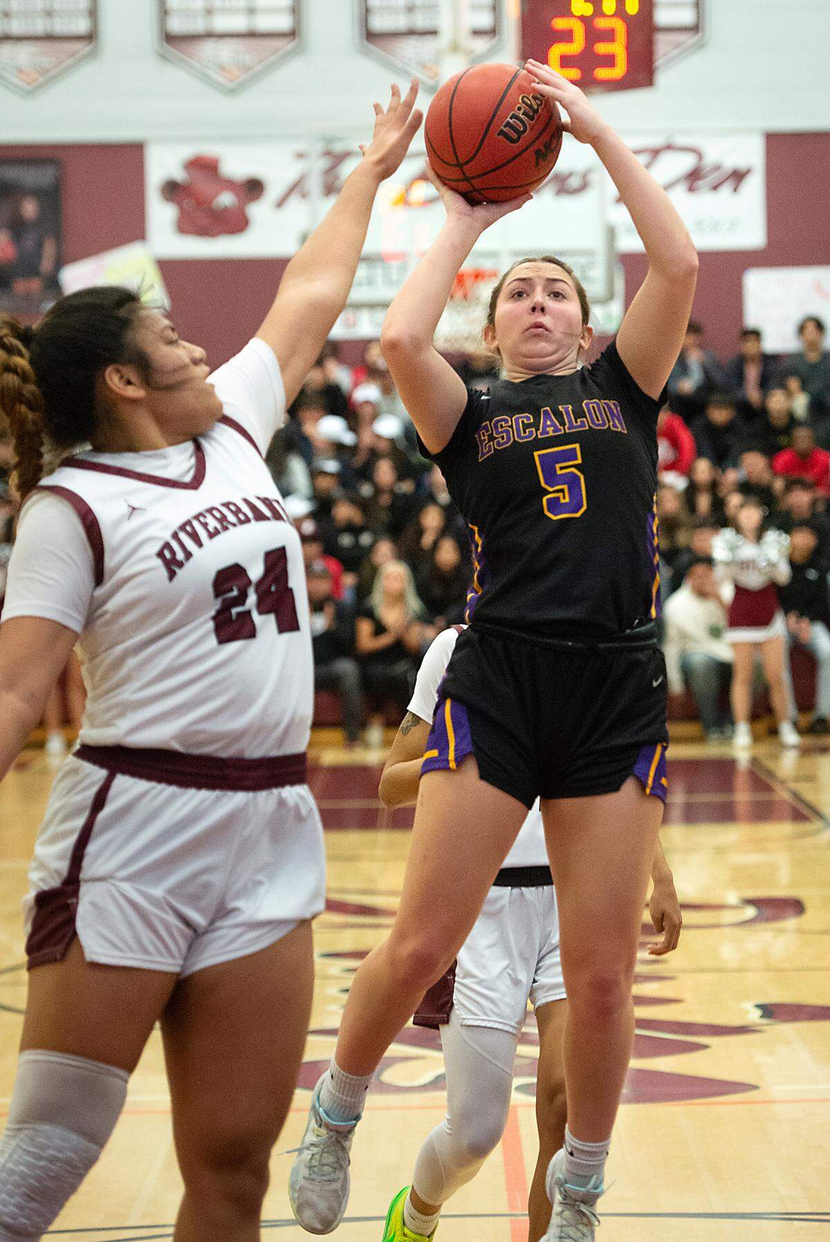 Escalon’s Macie Vickers shoots a jump shot during the Sac-Joaquin section semifinal playoff game in Riverbank, Calif., Tuesday, Feb. 21, 2023. The Riverbank won the game 58-41.