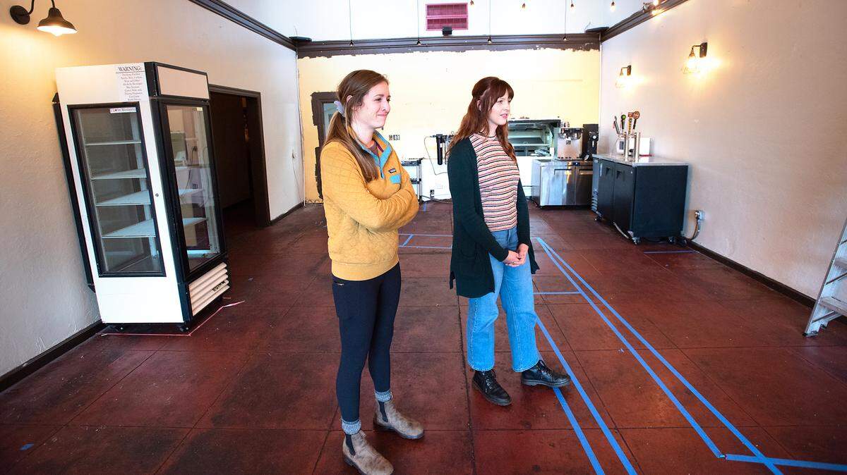 Owners of Penny University cafe Auni Slatten, right, and Laurel Rehkopf, left, in the former Deva cafe spot in Modesto, Calif., Tuesday, March 14, 2023. They are planning to open their new cafe this summer.