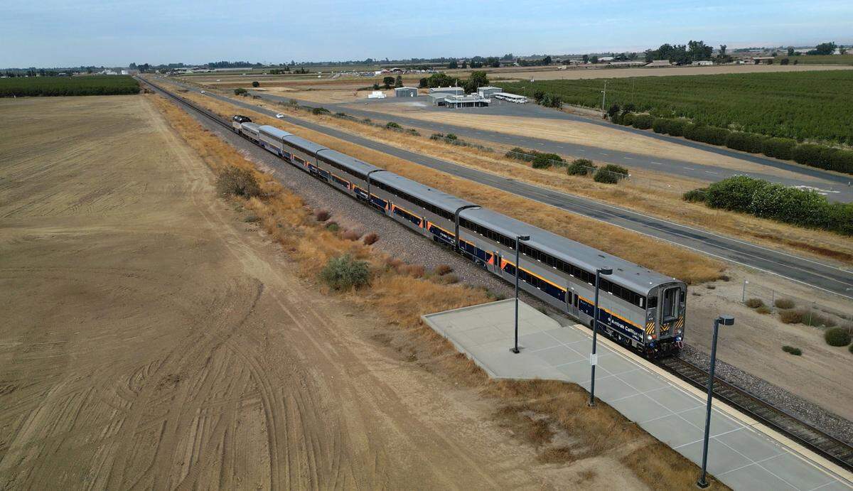A northbound Amtrak train leaves the Modesto Amtrak station in Modesto, Wednesday, Oct. 30, 2024.