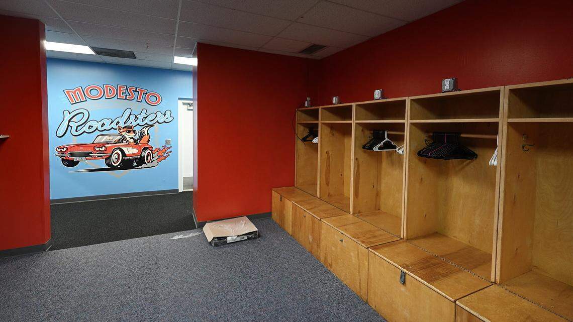 Roadsters clubhouse has retained the vintage lockers from John Thurman Field era in the clubhouse at Modern Woodmen Field in Modesto, Friday, April 24, 2026.