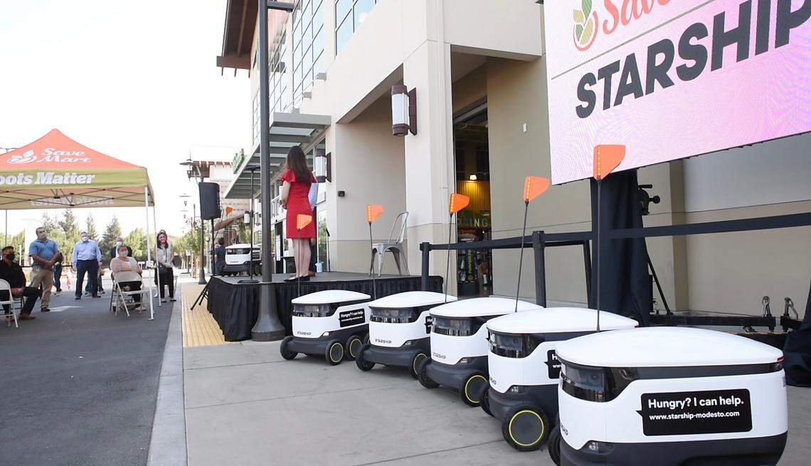 Save Mart supermarkets debut robots, offering touchless grocery delivery in Modesto, Calif., on Tuesday Sept. 29, 2020.. It’s the first U.S. grocery chain to partner with Starship Technologies.