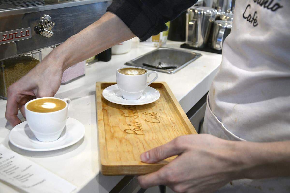 Specialty coffee drinks being served at Palo Santo Cafe in Riverbank, Calif. Feb. 23, 2021.