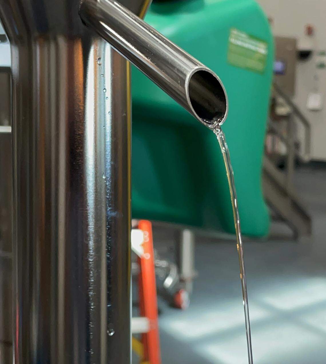 Nearly finished liquor emerges from the new distillery at Dust Bowl Brewing in Turlock, California, on June 10, 2024.