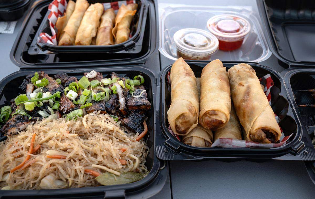 Pork Lempo and two styles of lumpia (fried crispy meat-and-veggie filled rolls) at Filipino Corner food truck on McHenry Avenue in north Modesto, Calif., Friday, June 16, 2023.