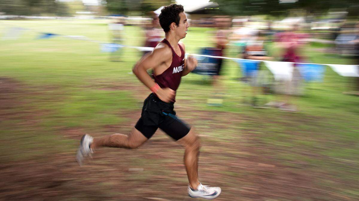 Modesto’s Fernando Alan Guerrero sprints to a victory in the varsity race during the CCAL meet at Donnely Park in Turlock, Calif., on Wednesday, Oct. 3, 2018. Guerrero is headed to the CIF State meet this coming weekend in Clovis, Calif.