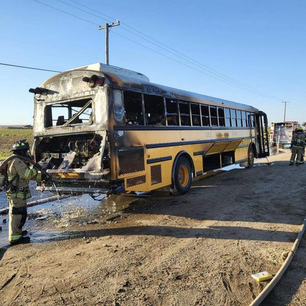 Burn damage from what was believed to be an electrical fire originating in the engine compartment of a school bus in Stanislaus County on Monday, Oct. 14, 2024.