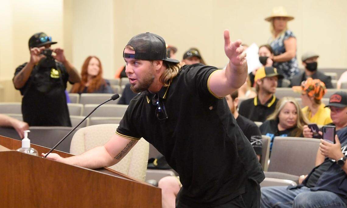 Members of the far-right extremist group the Proud Boys, including Sean Adam K. turned out at Tuesday’s Modesto City Council meeting to show their support for the police and denounce the city’s efforts to look at potential reforms of its Police Department in Modesto, Calif., on Tuesday, June 22, 2021.