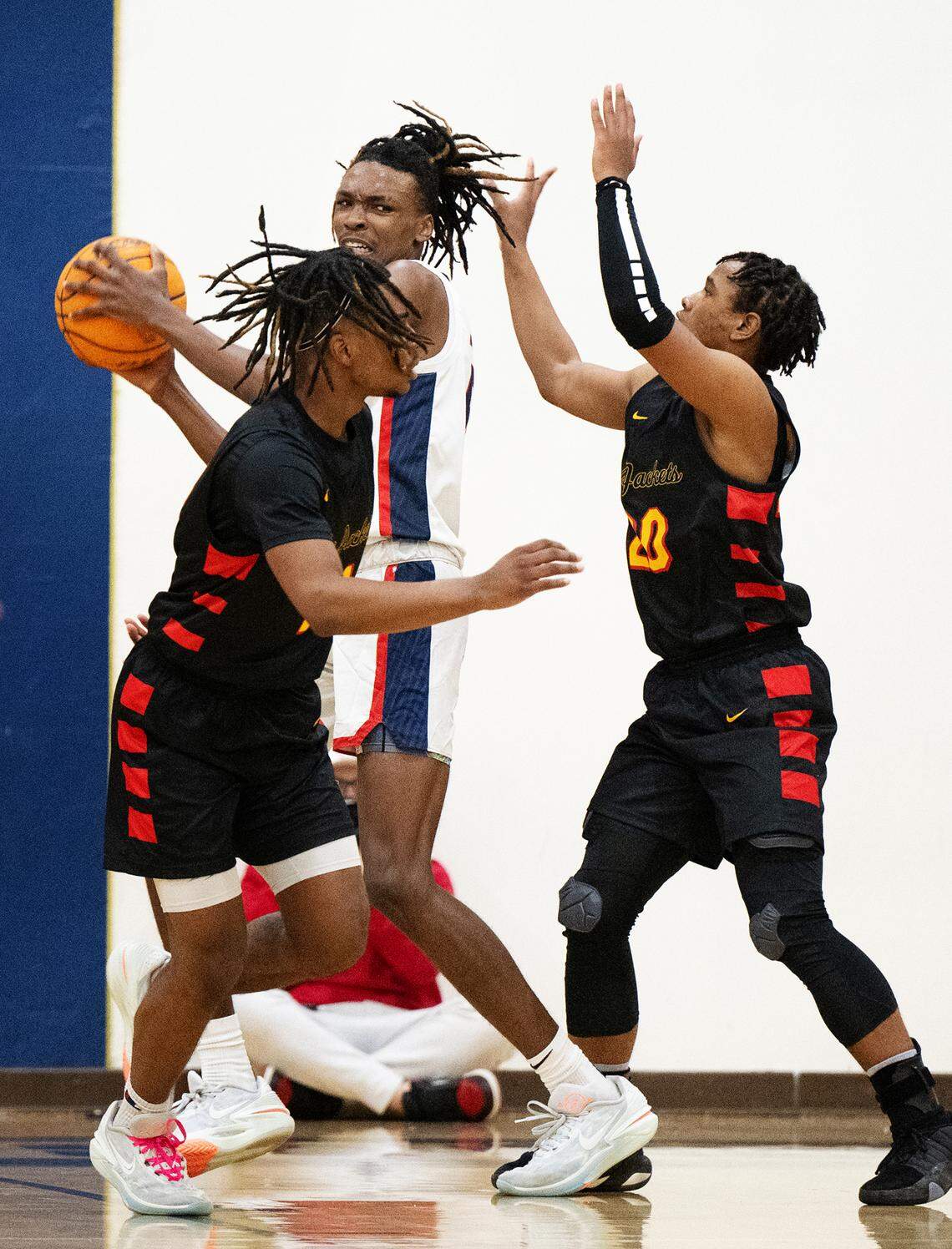 Modesto Christian’s Drevon Johnson looks to pass after grabbing a rebound during the game with Berkeley at Modesto Christian High School in Salida, Calif., Saturday, Dec. 16, 2023.