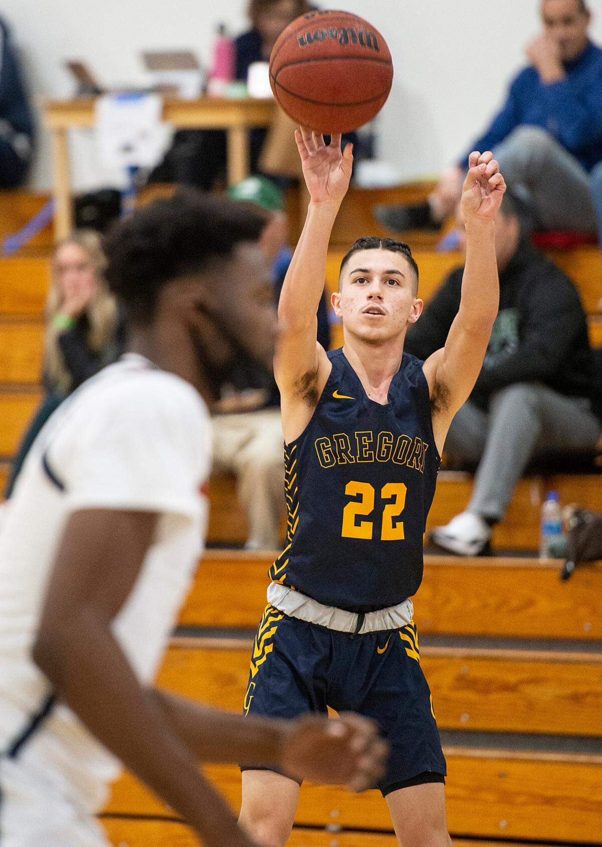 Gregori’s Ruben Munoz Montes attempts a three point shot during the Holiday Hoop Classic at Modesto Christian High School in Salida, Calif., on Tuesday, Dec. 28, 2021.